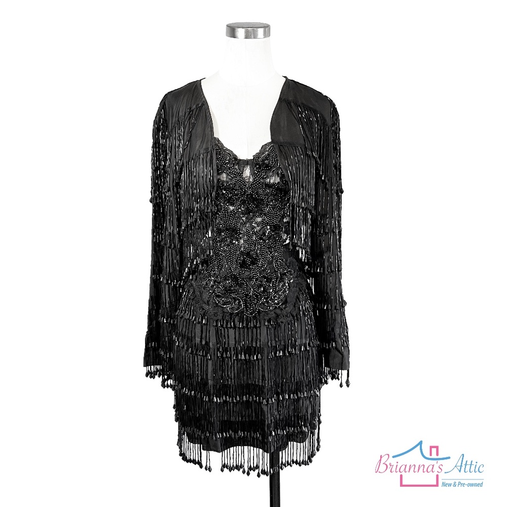 Helen Storey Beaded Lace Party Dress Black Made in England Preowned Size M